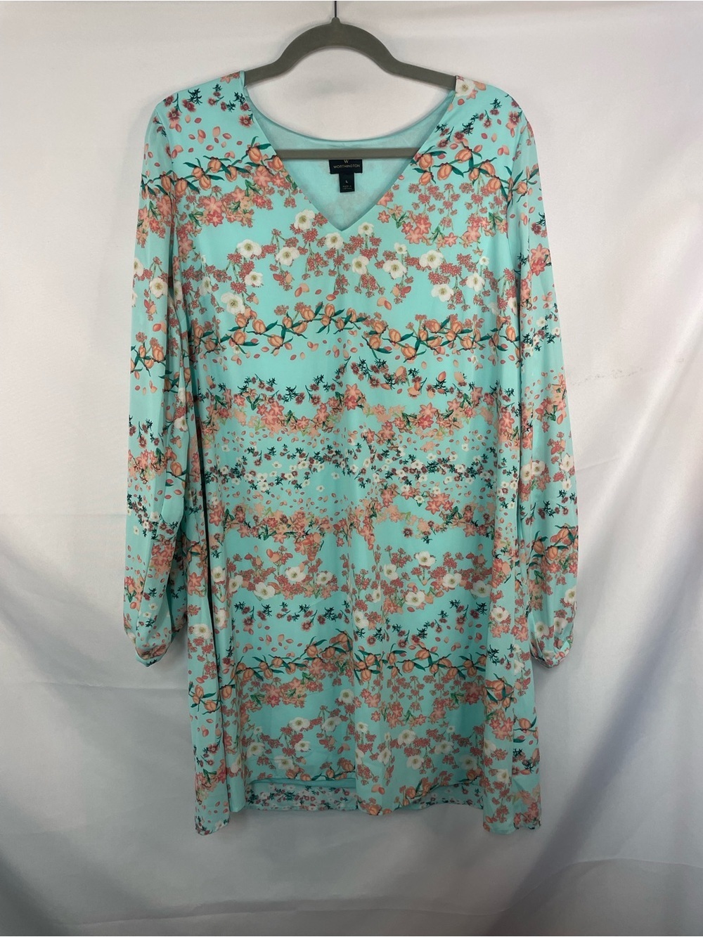 Worthington turquoise floral dress with cold shoulder sleeves, so lovely!! Sz Lg
